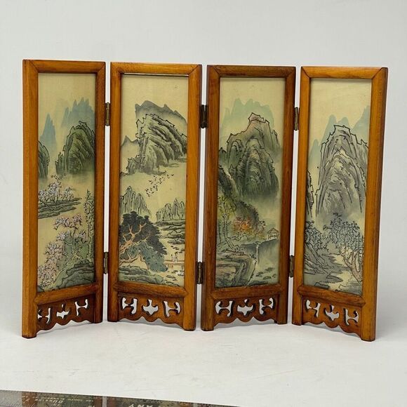VTG Asian Folding Silk Screen Tabletop Decor Double Sided Mountain Scenes 7" H - Picture 1 of 5